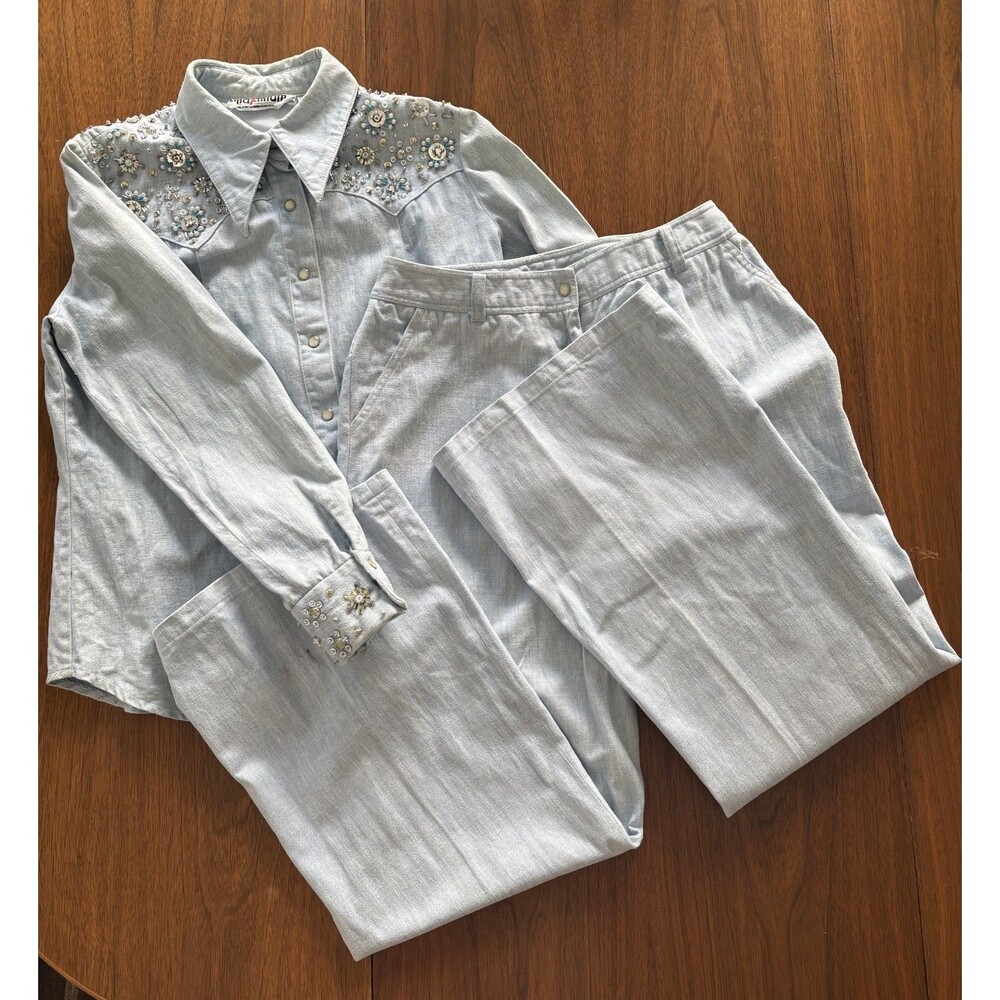 Vtg 70s Maximum Western Set Baby Blue Beaded Pearl Snap High Rise 30W Med